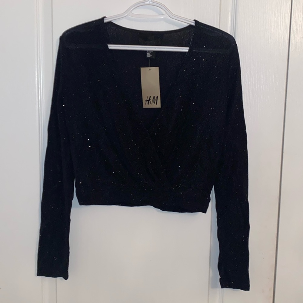 H&M Sparkly Black deep V neck with button